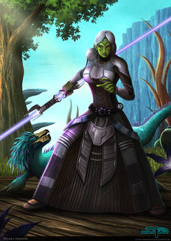 Delara Seranne Sith Mirialan and her varactyl pet