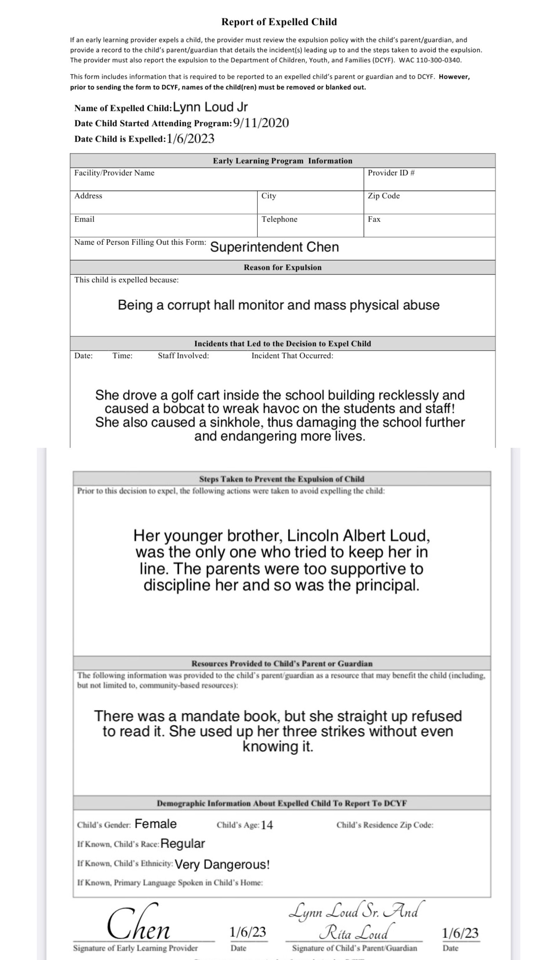 The Loud House: Lynn Loud Jr Expulsion Form by UltraAutismMan on DeviantArt