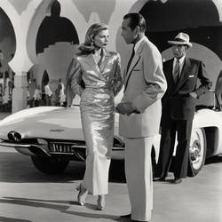 Lauren Bacall and Humphrey Bogart standing outside