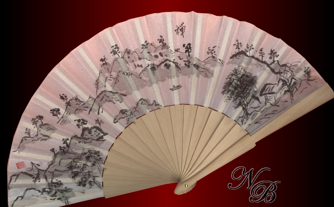 Landscape Sumi-e in fan by roundtower Landscape Sumi-e in fan by roundtower