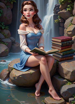 Belle reading at the waterfall 00019