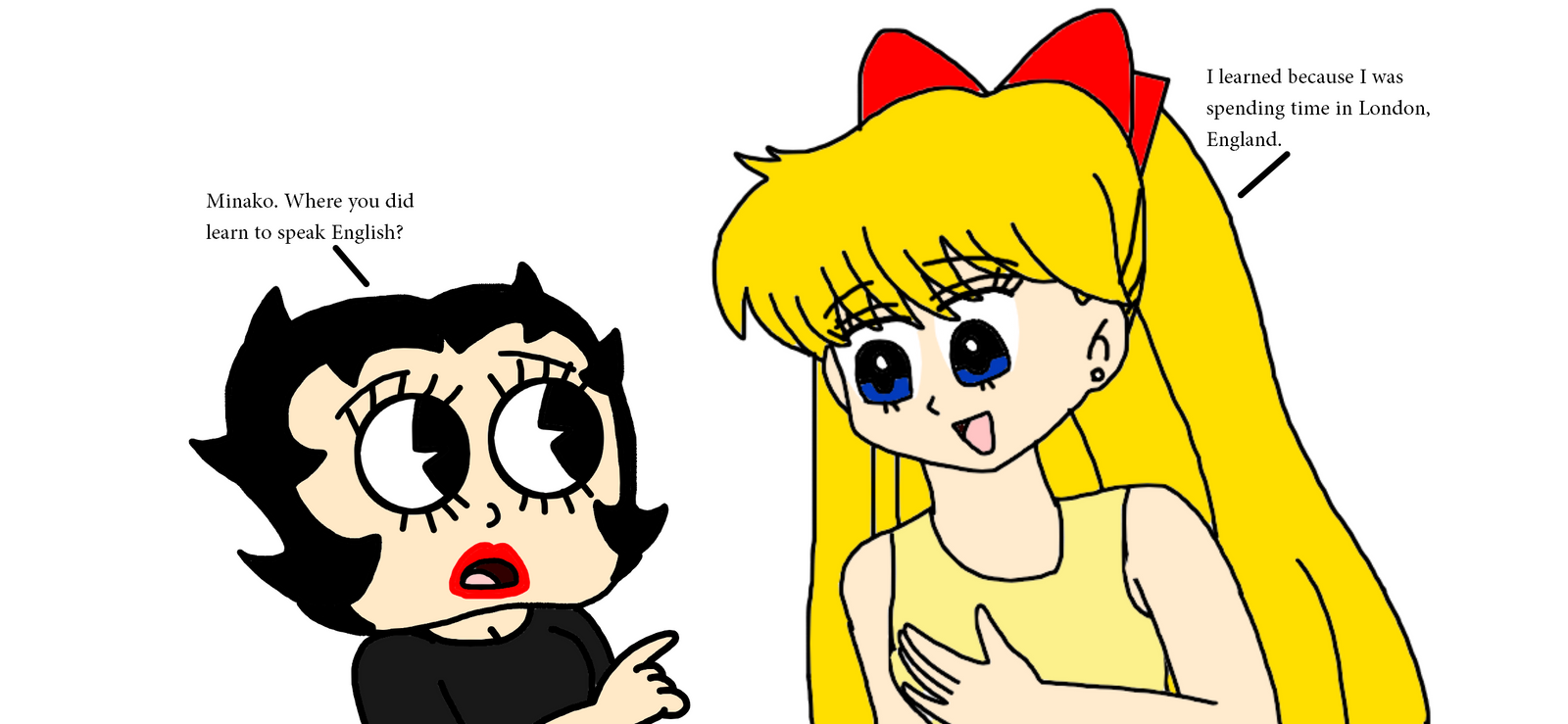 Betty Boop tells to Minako Aino about English