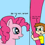 Pinkie Pie with Myron holding her hair strand