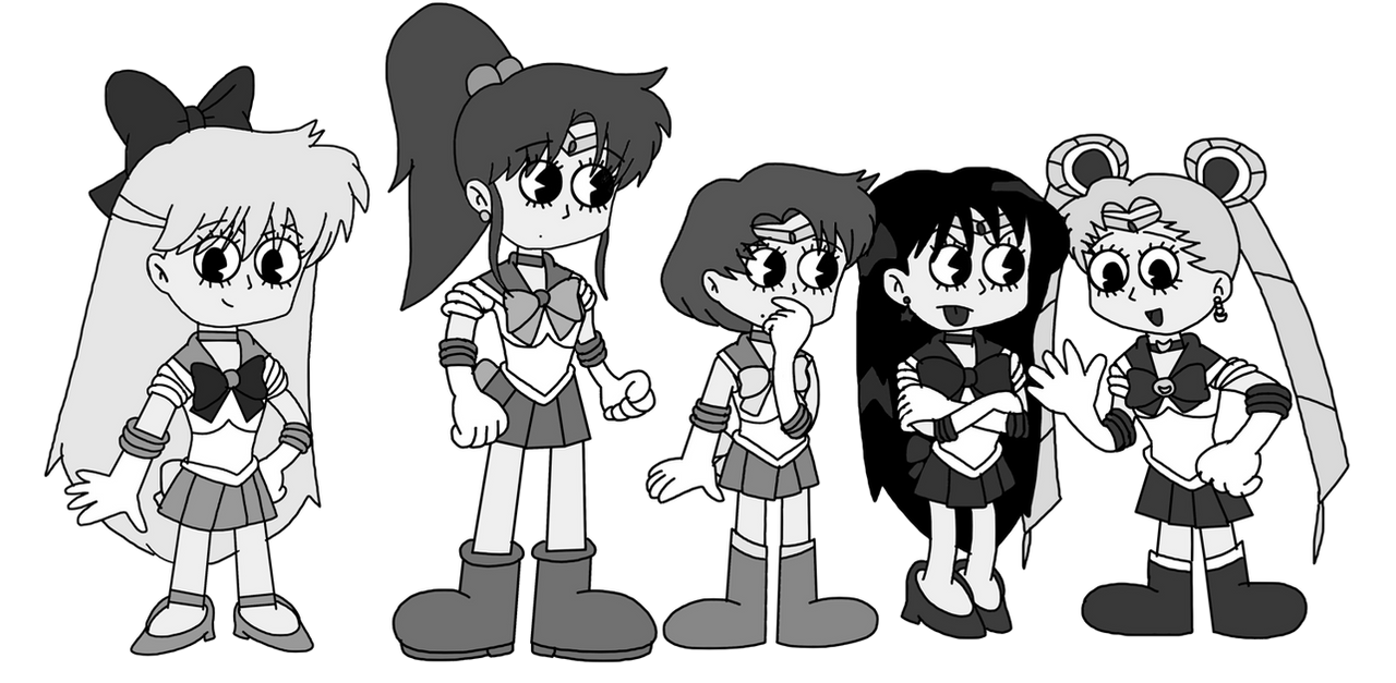 Sailor Senshi in black-and-white cartoon style