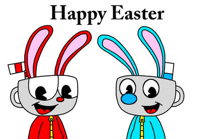 Cuphead and Mugman dressed as Easter bunnies