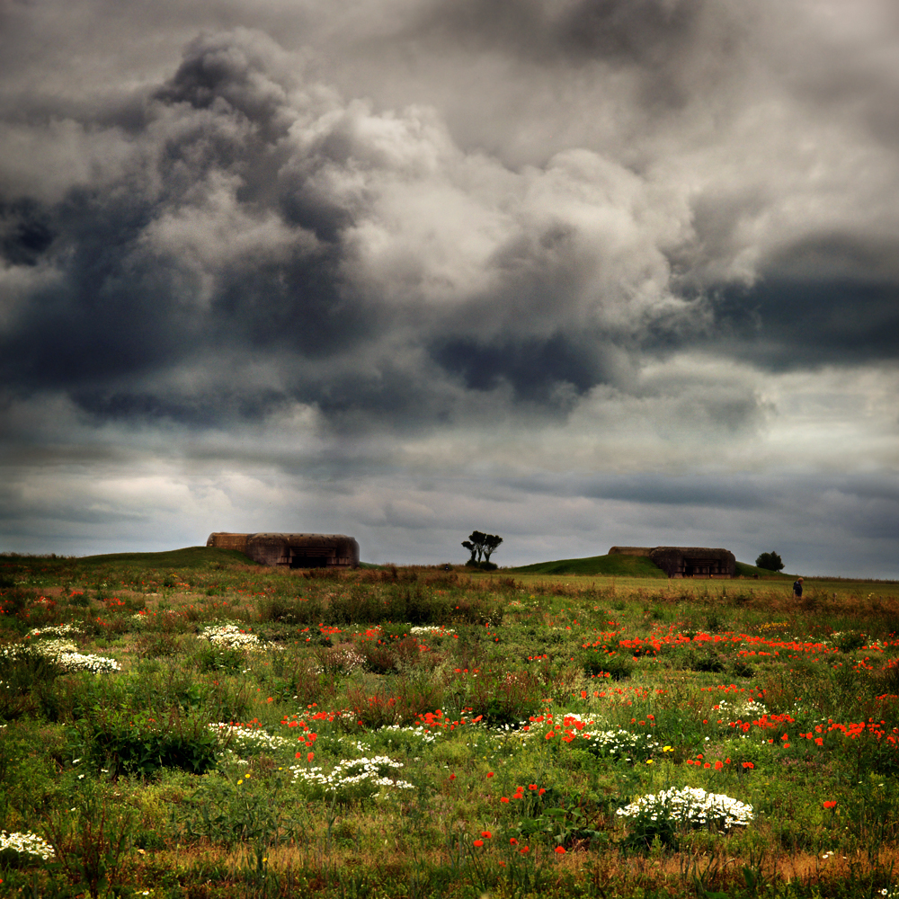 red on green and clouds