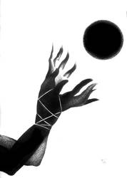 Tied hands against a black sun