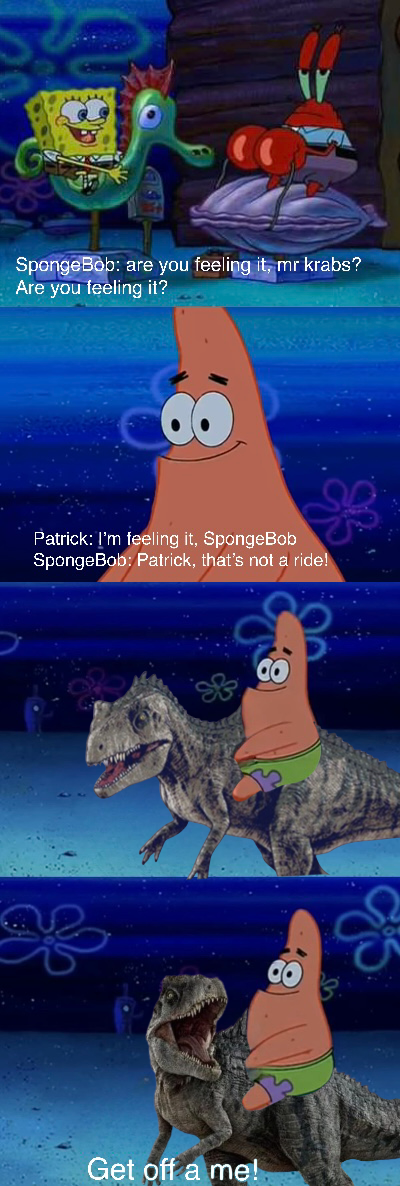 Patrick rides a dinosaur! by DracoAwesomeness on DeviantArt