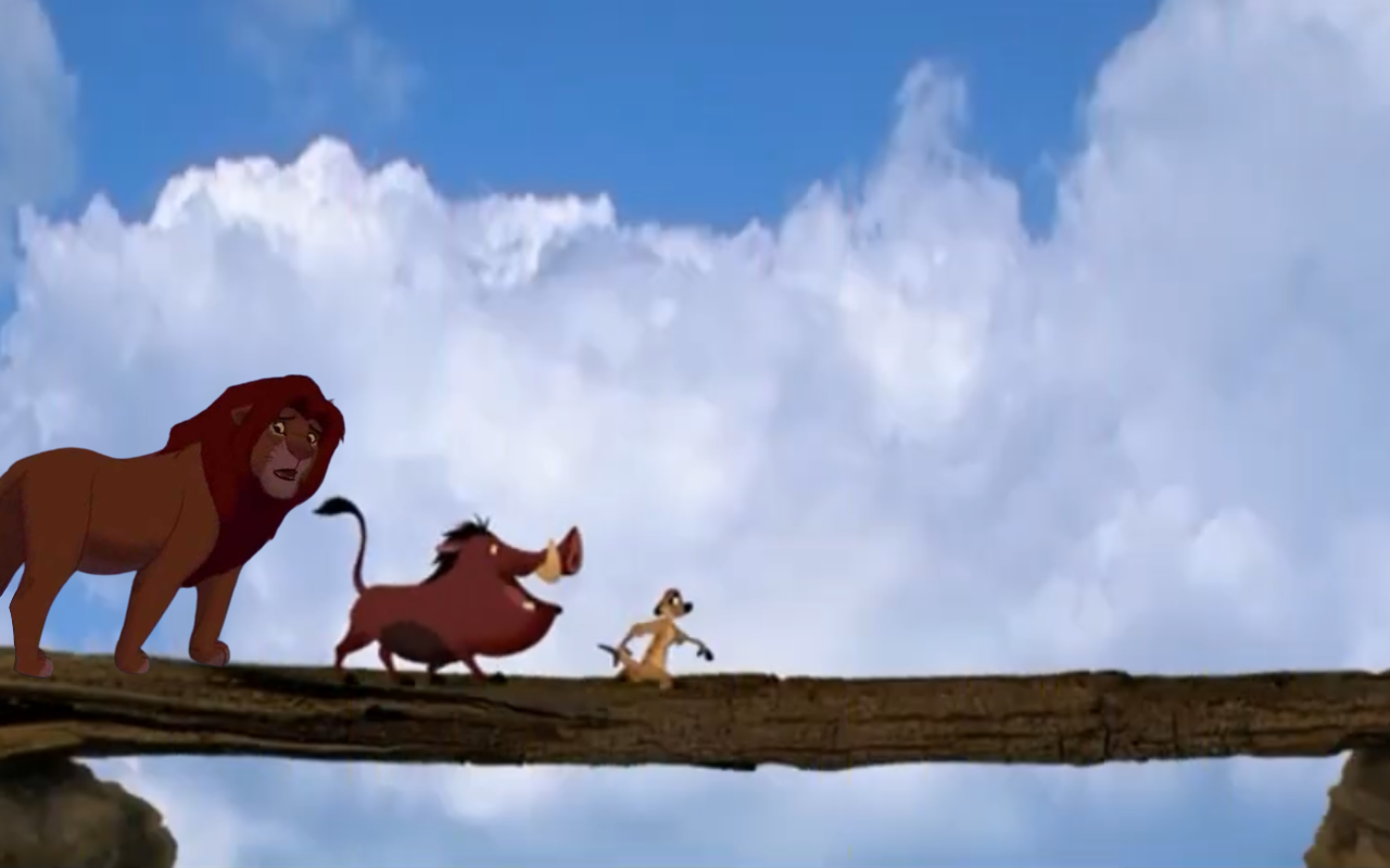 Simba, Timon and pumbaa crossing the log by DracoAwesomeness on DeviantArt