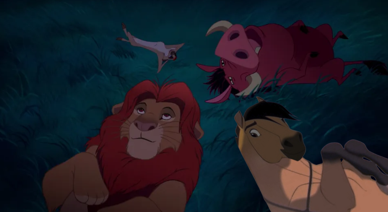 Simba, spirit, Timon and Pumbaa watching the stars by DracoAwesomeness ...