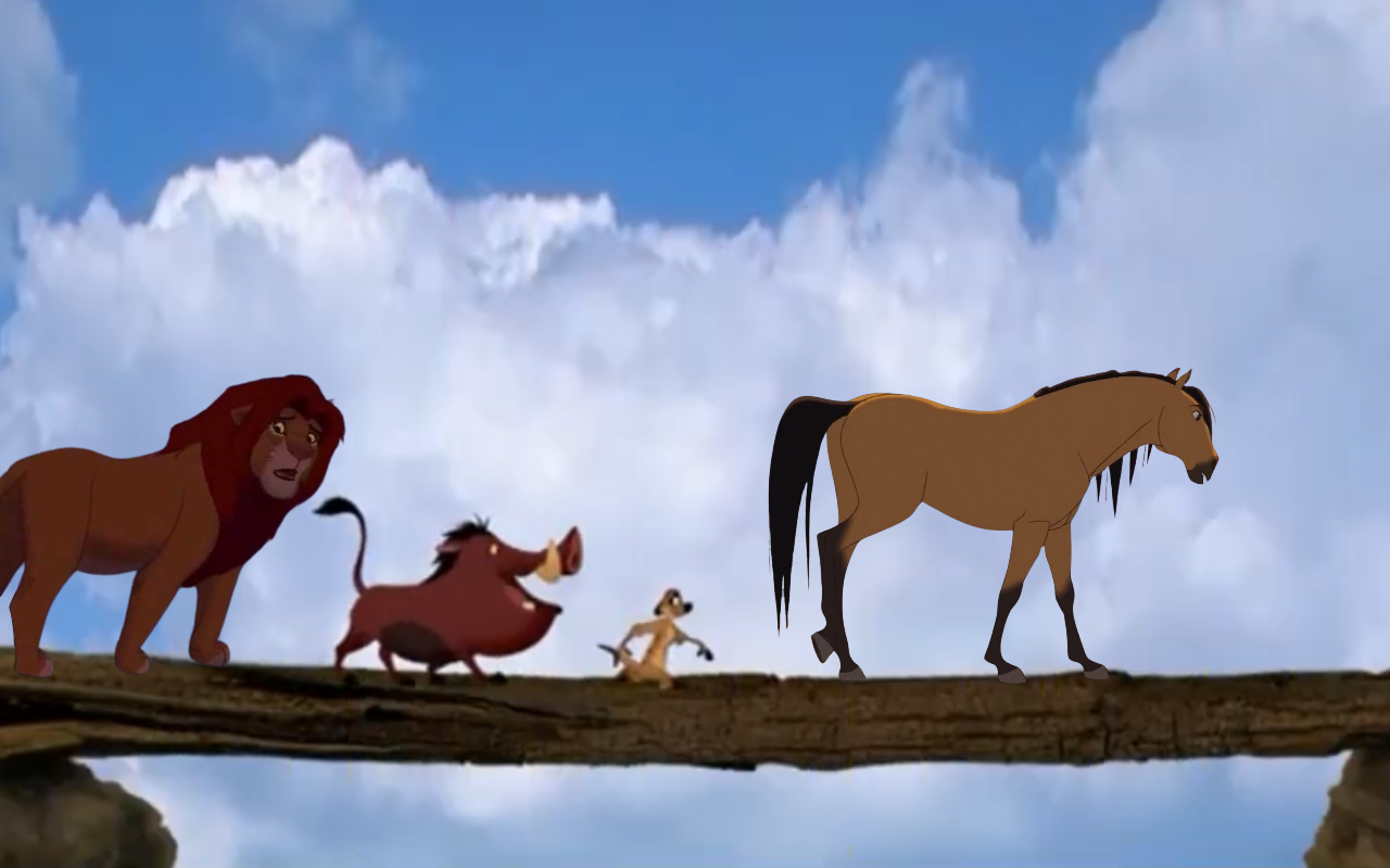 Simba, Timon, Pumbaa and spirit crossing the log by DracoAwesomeness on ...