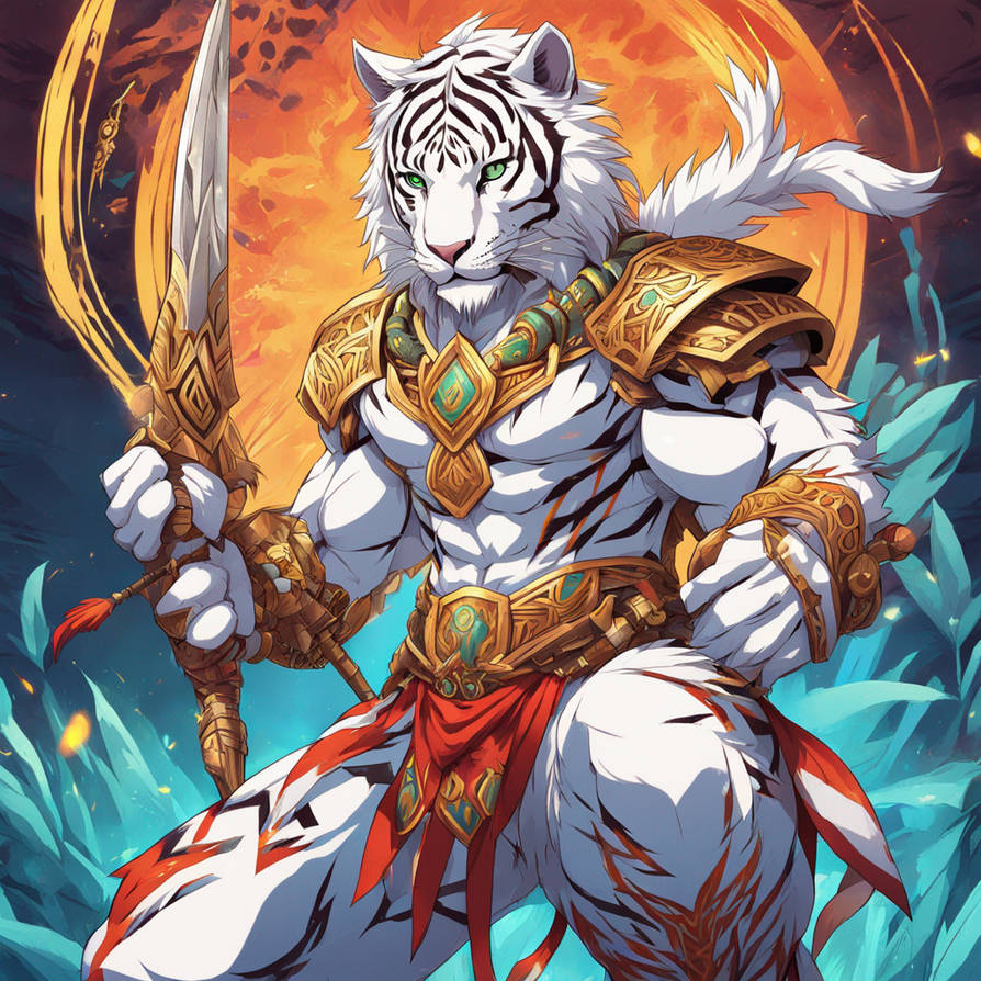 Male anthro White tiger tribal warrior