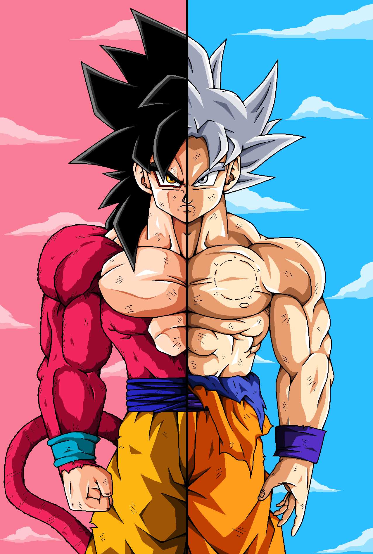 Goku SS4 and Goku Ultra Instinct (Split Drawing) by Lucas-Card on DeviantArt