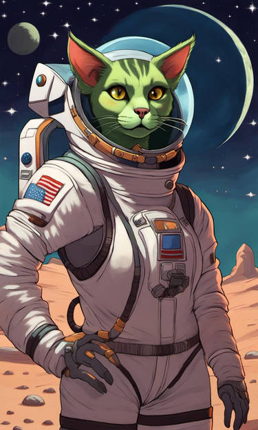 AI: Green furred feline at Moon or Mars