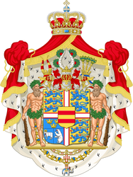 Coat of arms of the Danish sovereign with crests