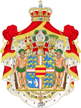 Coat of arms of the Danish sovereign with crests