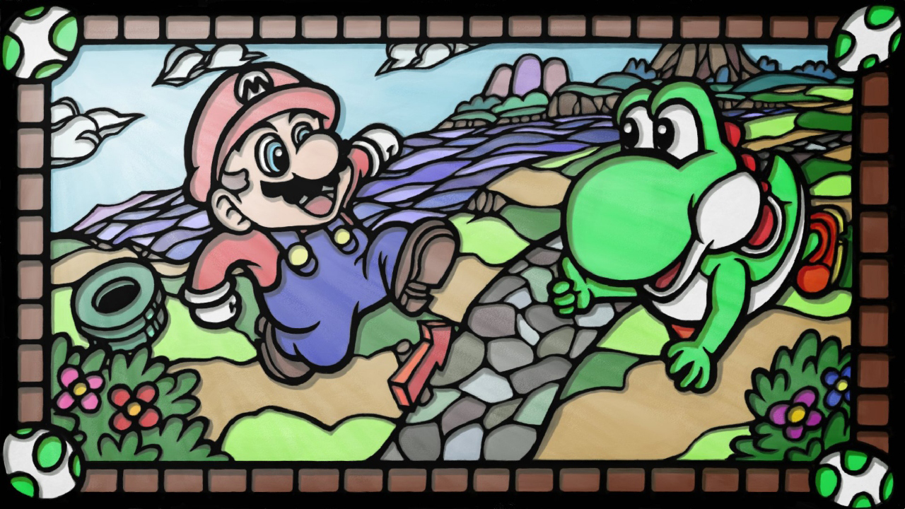 Yoshi and Mario-style of stained glass