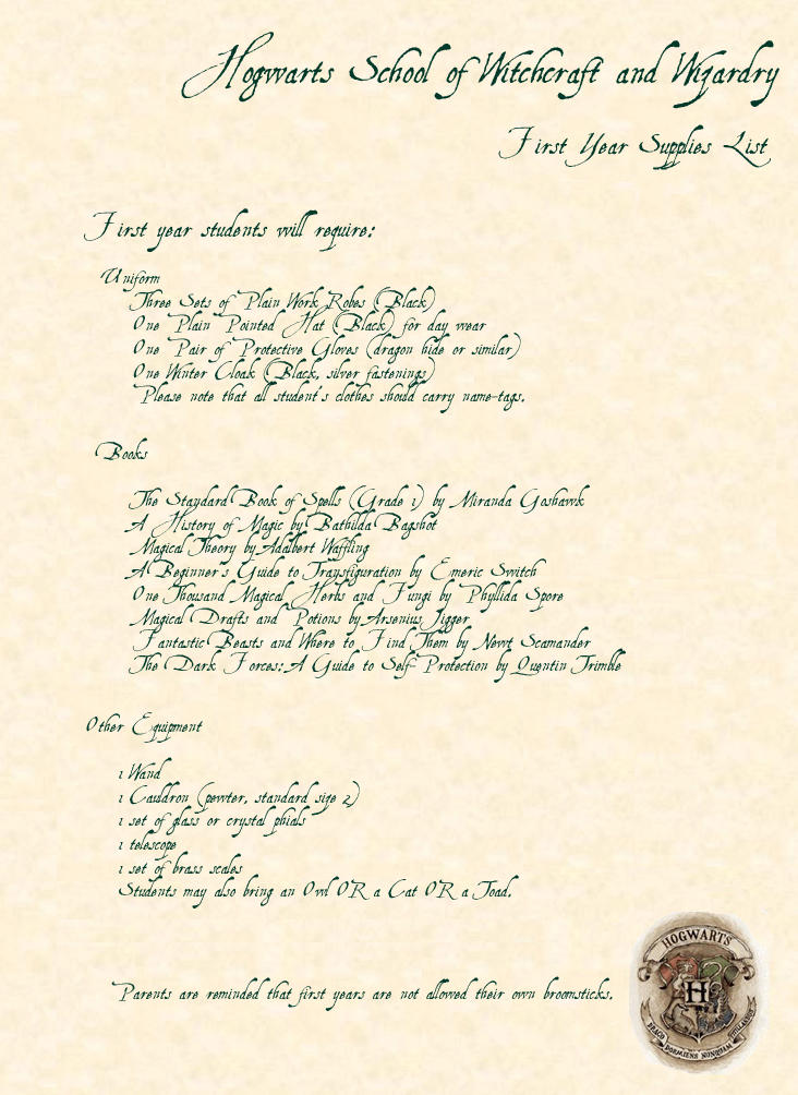 Hogwarts Supplies List by RebeccaBrenna on DeviantArt