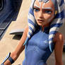 Ahsoka Tano reclining in a one-piece swimsuit