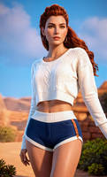 Aloy in a sweater and short shorts midrif showing