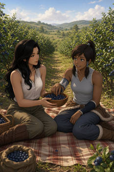 Asami, Korra picking blueberry in a field