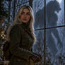 Wolf woman in green coat with the wolf man