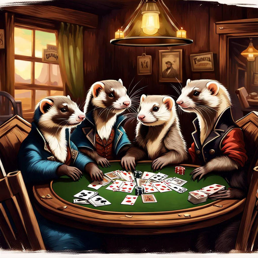 Group Of Ferrets Playing Poker In A Saloon, Old We