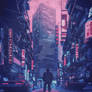 Future imaginative cyberpunk person city vaporwave