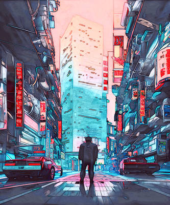 cyberpunk Future imaginative city vaporwave person