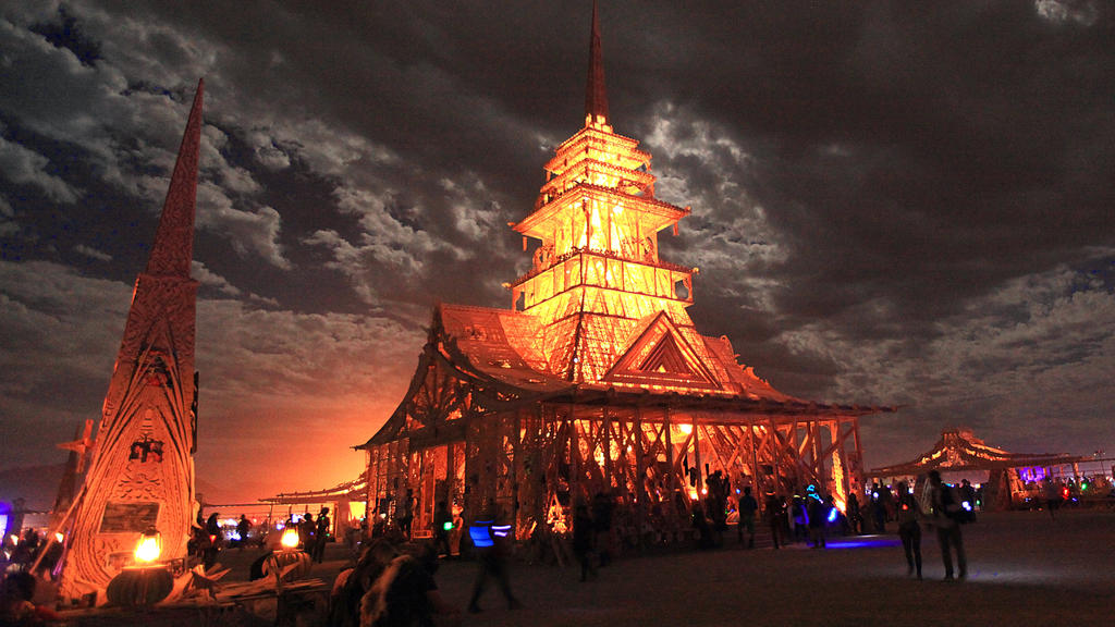 The Temple Of Juno at Burning Man at Full Moon by bluedogsd