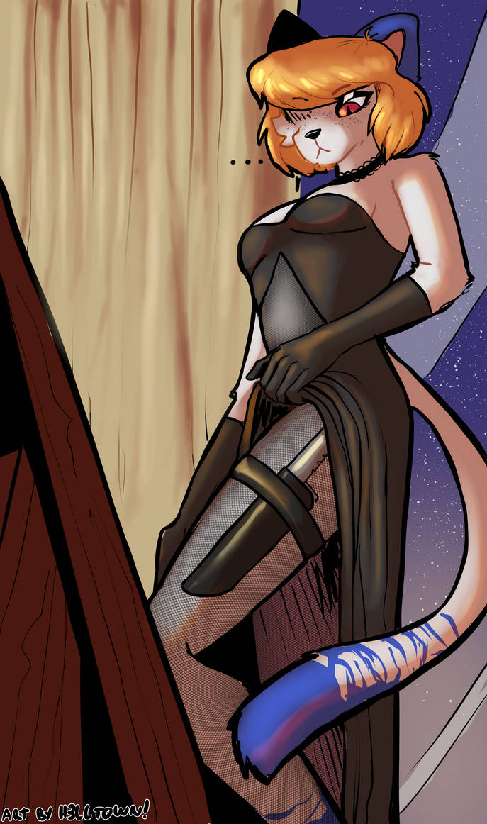 Digital ilustration of an athropomorphic white and blue cat with blonde hair and red eyes. She is wearing a long black dress, rolling it up to reveal a large hunting knife strapped to her thigh.
