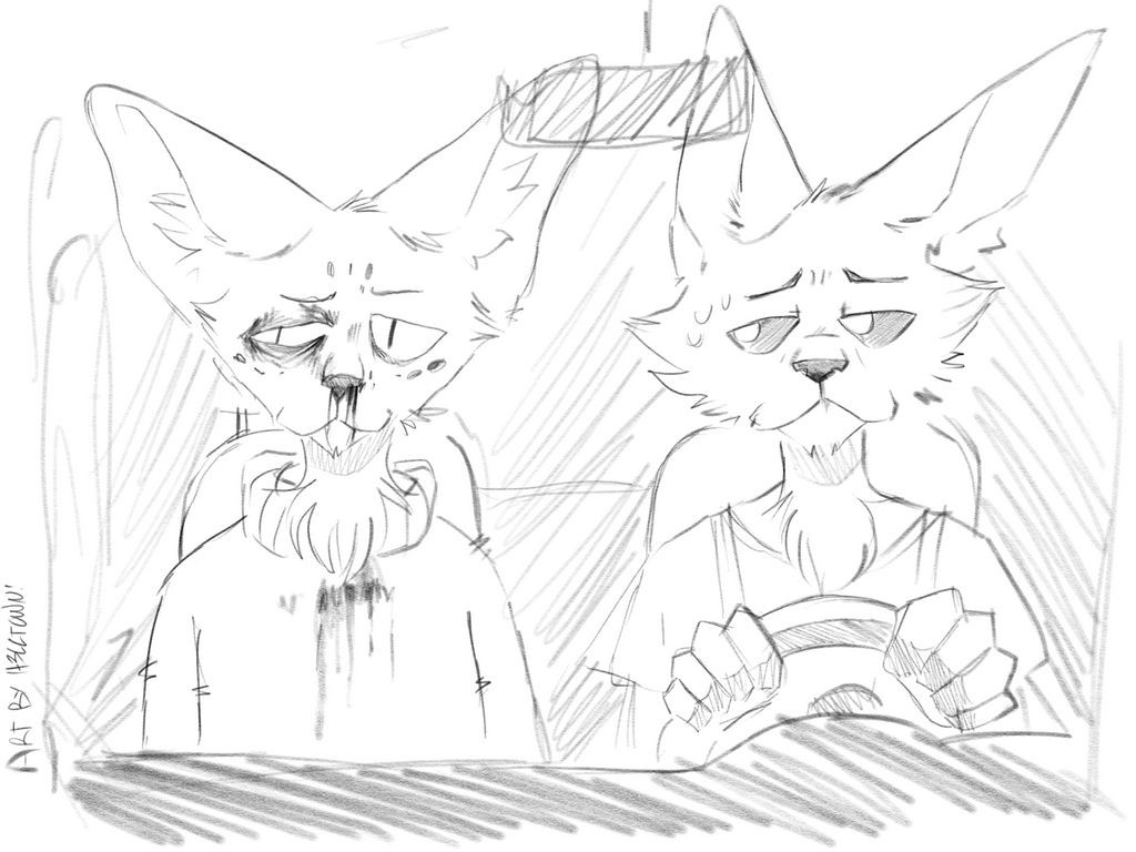 A digital sketch of two anthropomorphic animals sitting in a car. The one on the left has a black eye and is bleeding from the nose. The other one is driving.
