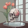 Still Life of Tulips with skull and brain