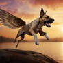 Winged dog in flight