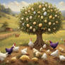 Purple Chickens beneath an Egg Plant Tree