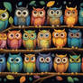A group of colorful owls
