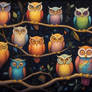 Parliament of colorful owls sittin