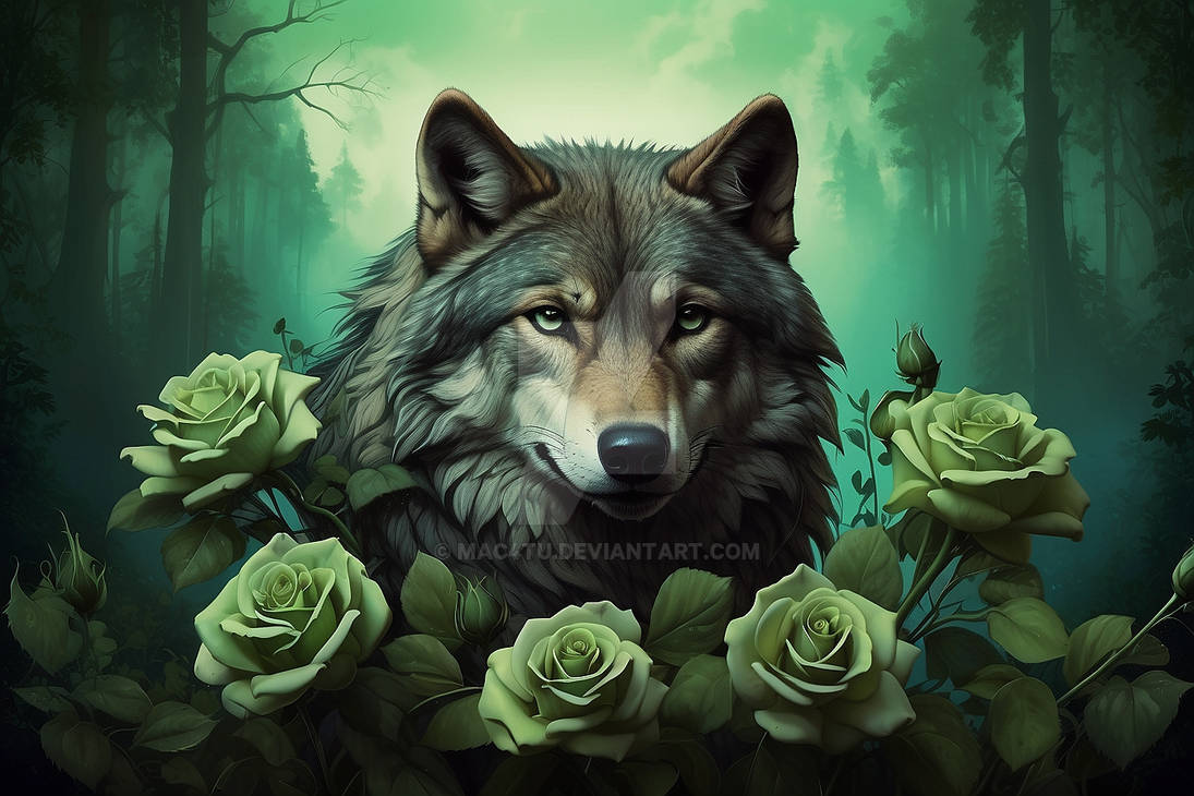 A Wolf and Green Roses by mac4tu on DeviantArt