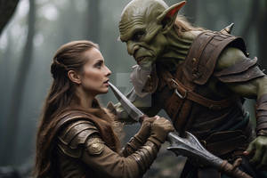 An elf warrior woman battling a goblin