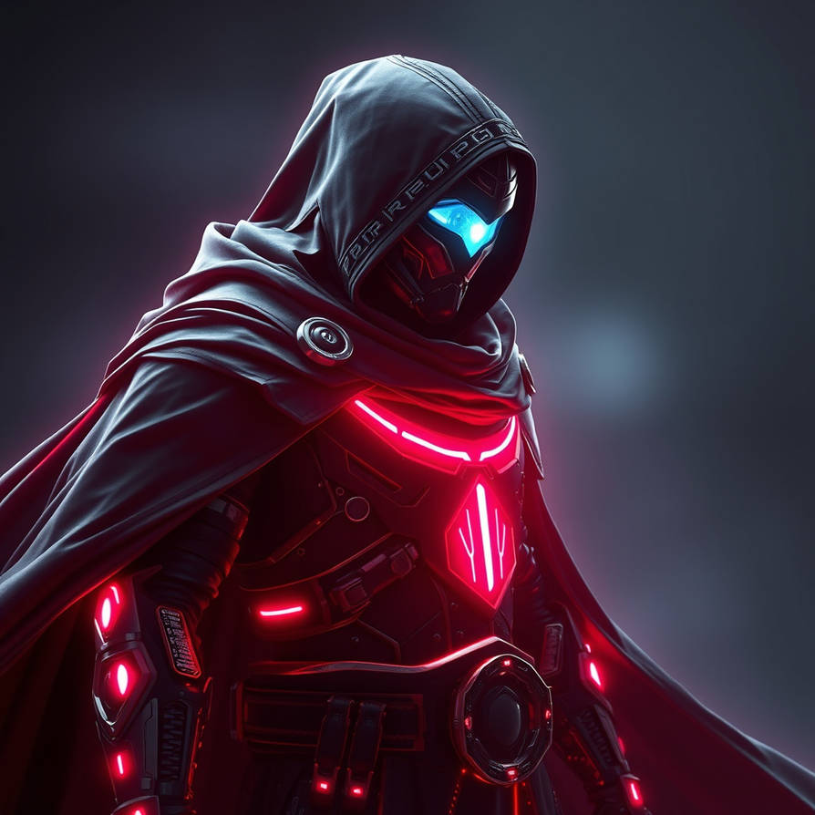 Neon-lit warrior, flowing black cape, glowing cybe