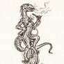 Lizard smoking a hookah, while riding a unicycle
