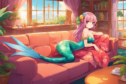 Mermaid Sitting On A Couch Watching Tv