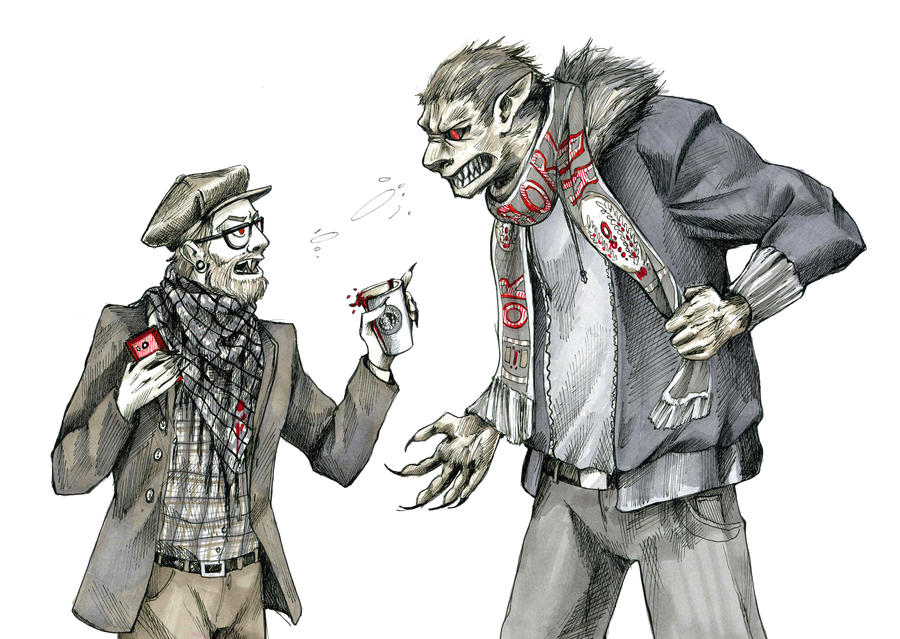 Hipster vampire and werewolf football fan