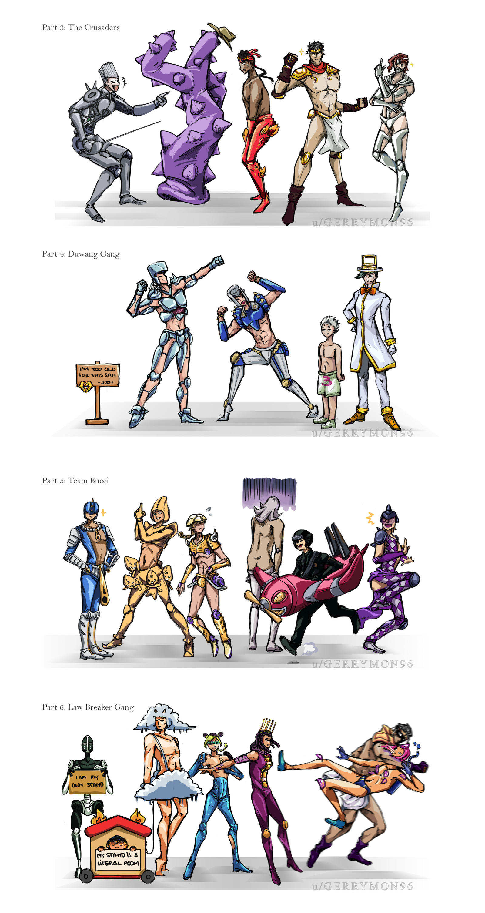 The OCs and their stands of my JoJo TTRPG group all posed up together  (Credit Jintosca) : r/fanStands