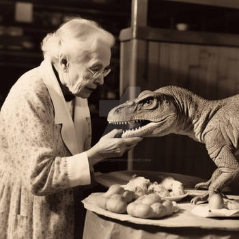 Grandma feeding dinosaur