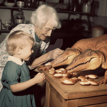 Kid and grandma feeding dinosaurs