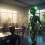 Robot teacher in the futuristic classroom