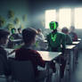 Human and robotic students in a classroom