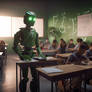 Robot teacher in the futuristic classroom