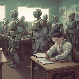 Human and robotic students in a classroom